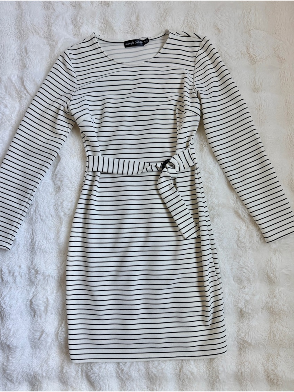 Striped Long Sleeve Belted Dress in Black & White